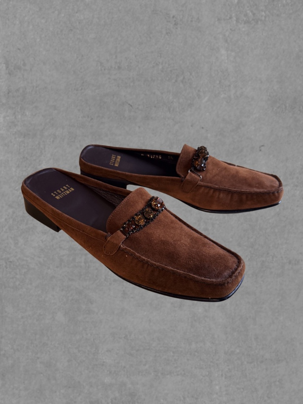 Stuart Weitzman Brown Suede Beaded Mule Loafers